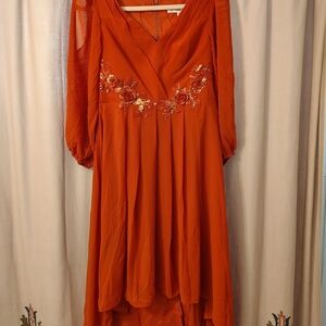 Burnt Orange Floral Embroidered V-Neck Maxi Dress